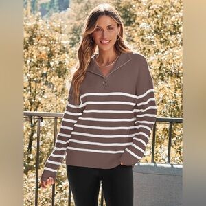Lillusory Women’s Large Striped Brown and White pullover 1/2 zip sweater